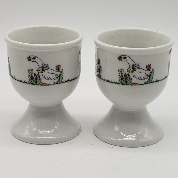 White Vintage Set of 2 Porcelain Geese & Tulips Footed Egg Cup Holders - Picture 5 of 7
